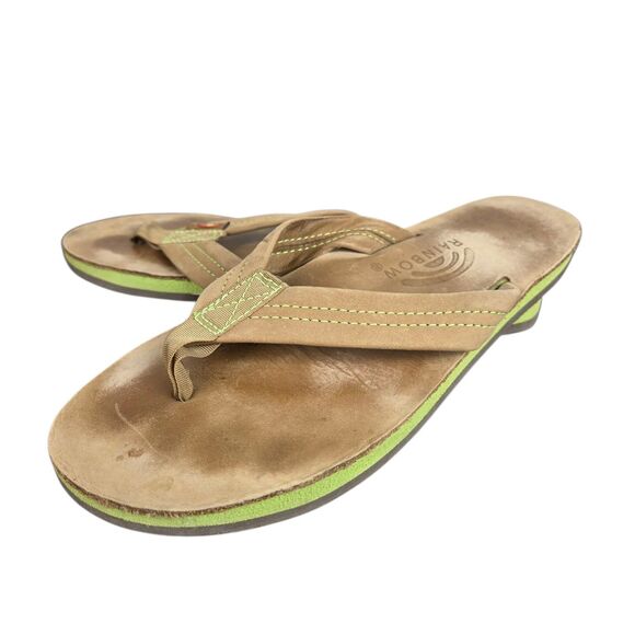 Rainbow Sandals Men's Sz 7.5 - 8.5 Tan Green 1 " Leather Straps Double Layer - Picture 1 of 15
